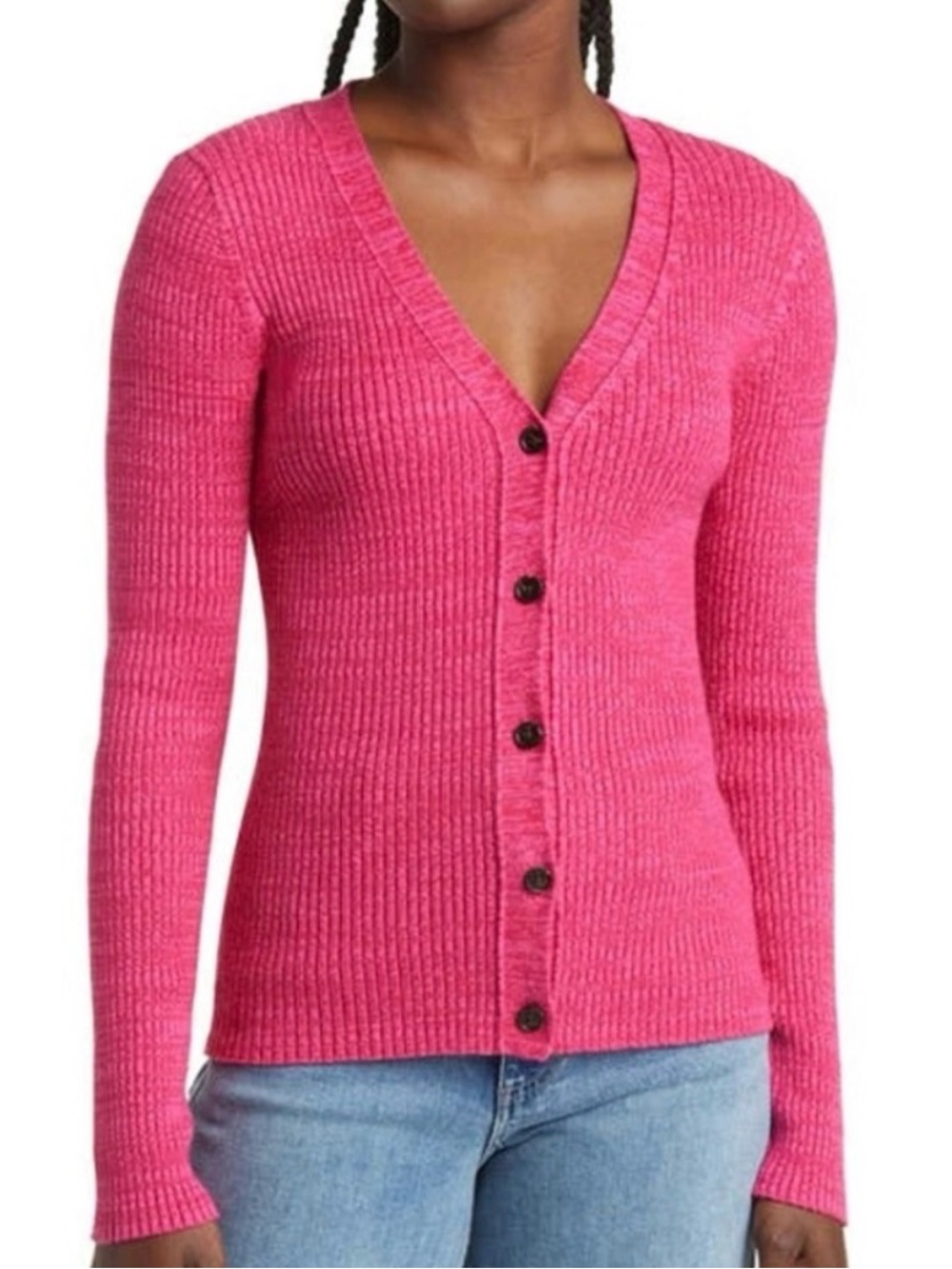 Rails Hot Pink Ribbed V-Neck Button Cardigan